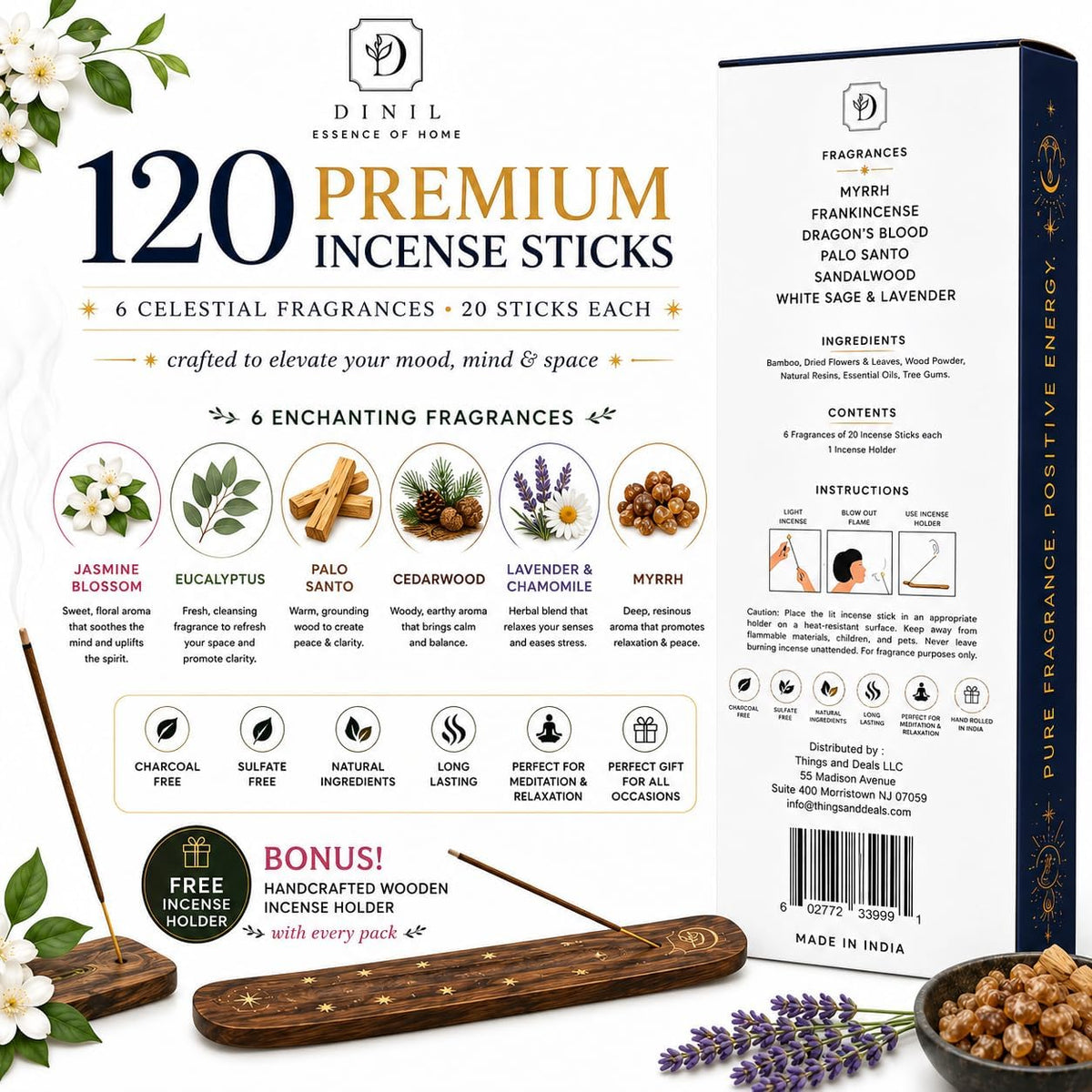 Dinil Cosmic Aura Incense Sticks Gift Set, 6 Spiritual Scents, 120 Sticks