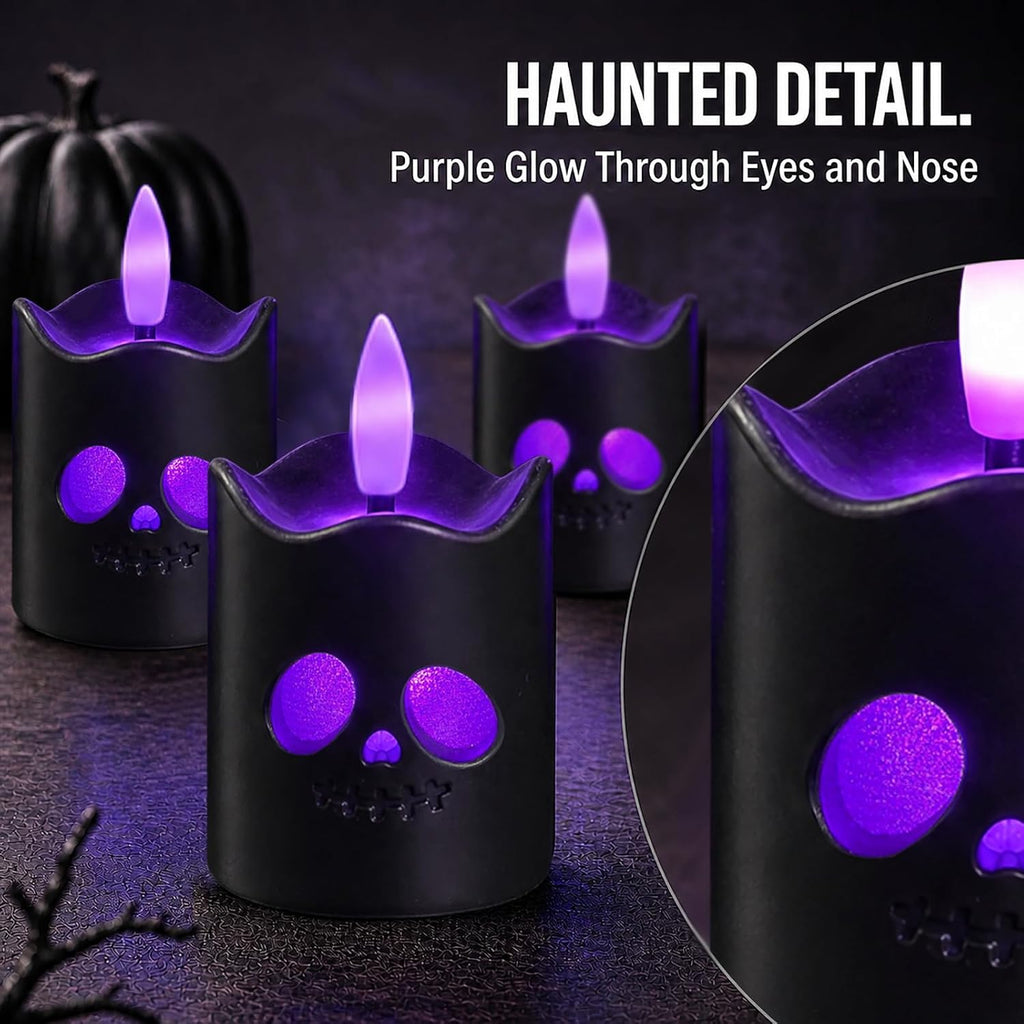 Black Halloween Flameless Votive Candles with Remote, Purple Glow, 6 Pack