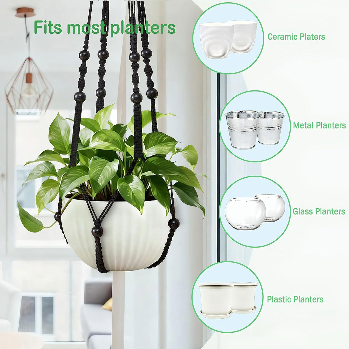 35 Inch Macrame Plant Hanger, Hanging Planter Basket with Wood Beads, Decorative Flower Pot Holder for Indoor Outdoor Boho Home Decor, Set of 2 (Black)