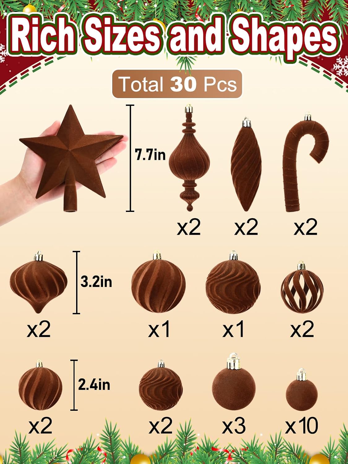 Acostop Brown Velvet Star Christmas Tree Topper & Ornaments Set, 30Pcs