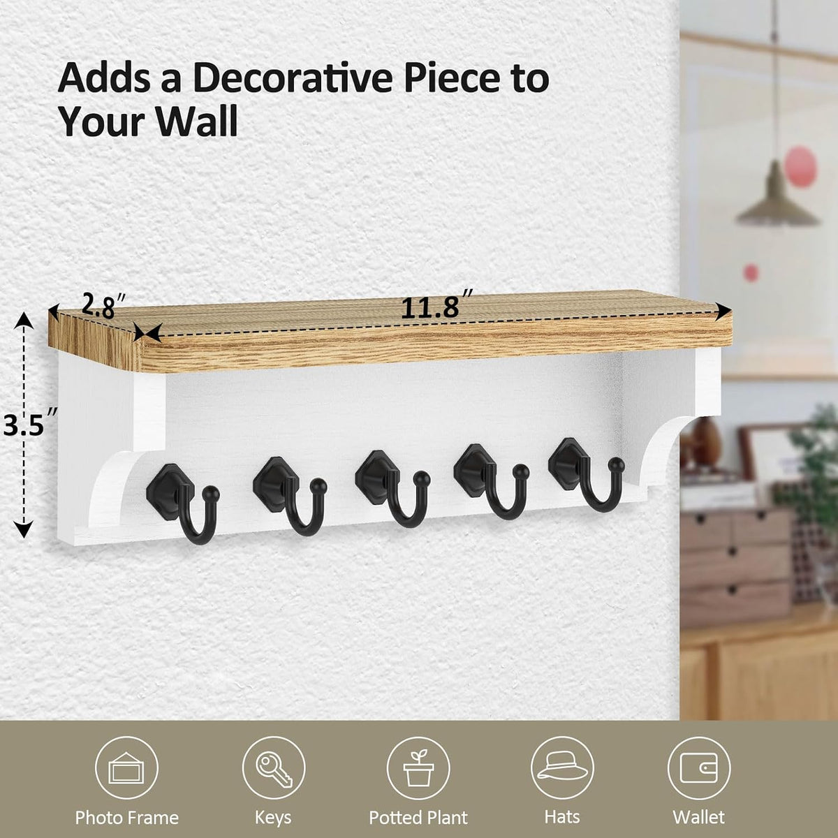 Nekon Key Holder for Wall, 11.8" W x 3.5" H x 2.8" D Wall Shelf, Wood