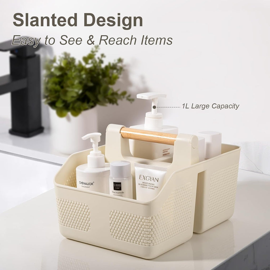 Plastic Shower Caddy Portable Shower Basket with Bamboo Handle, Cream
