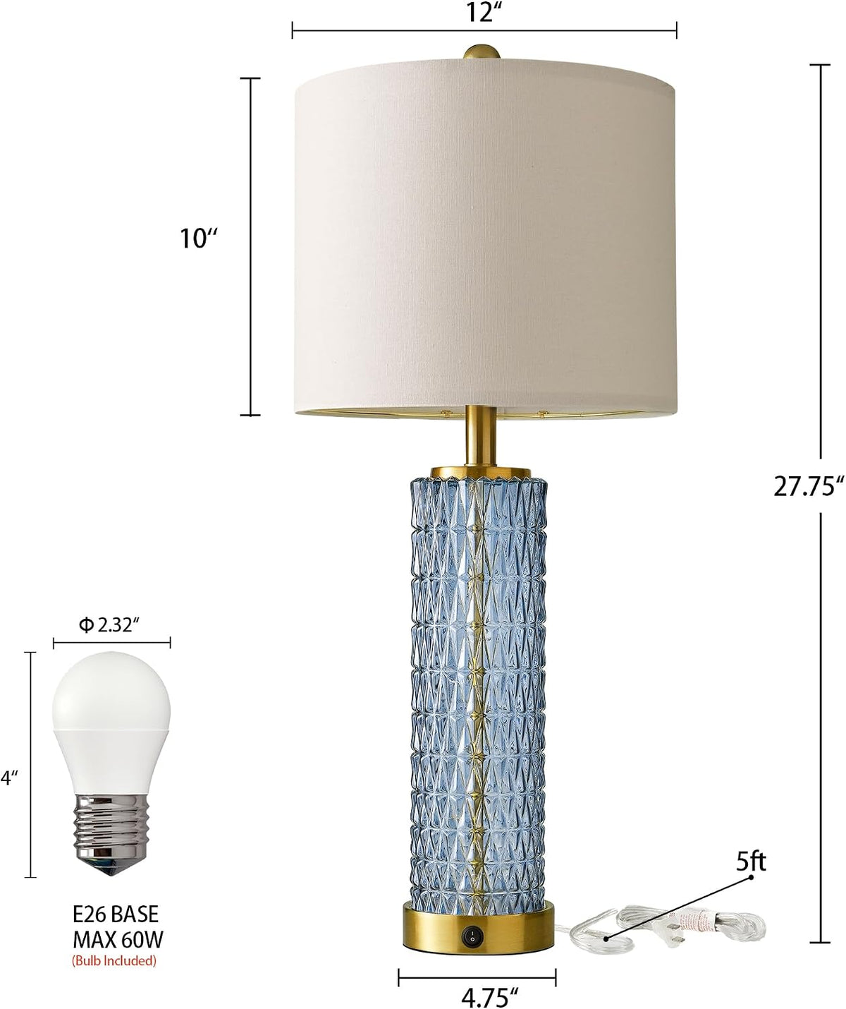 Oneach 27.75" Blue Table Lamps Set of 2 with LED Nightlight for Bedside