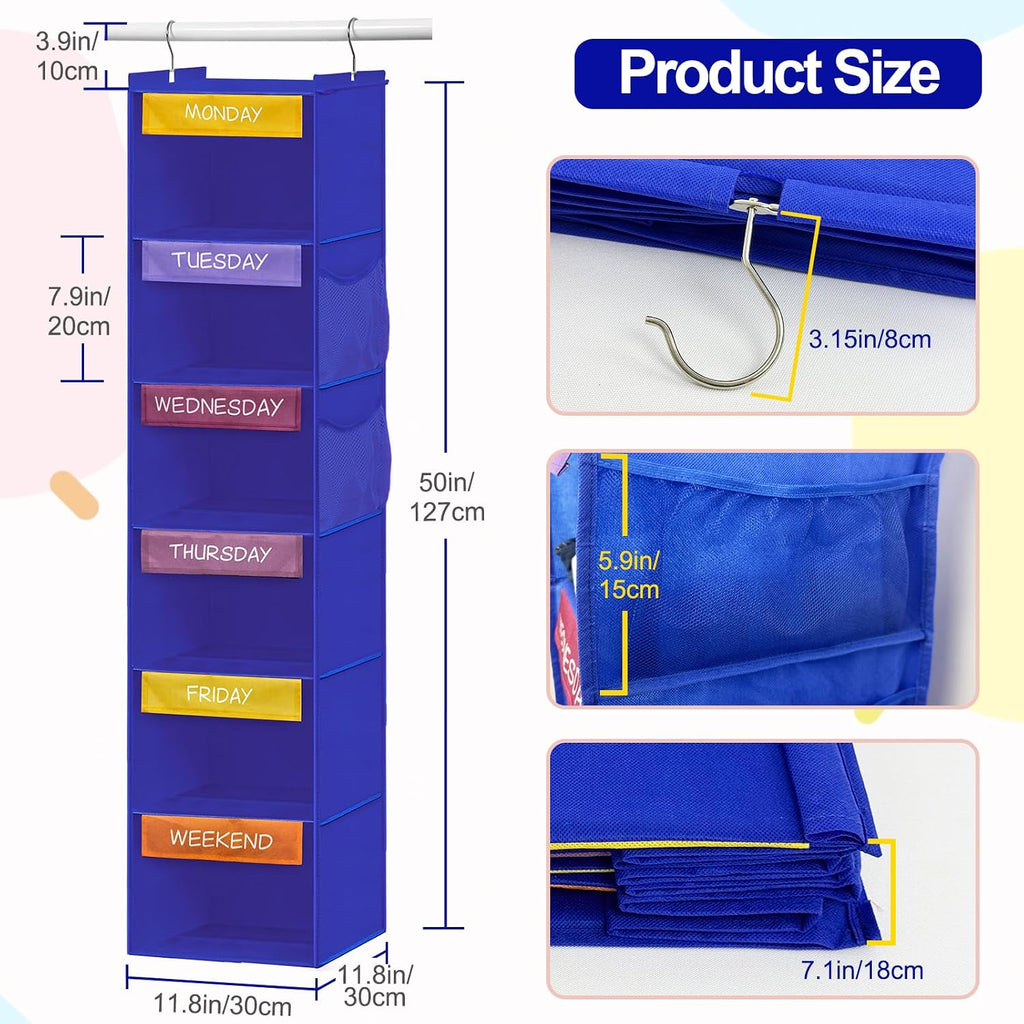 homyfort Weekly Clothes Organizer for Kids, 6-Shelf Hanging Closet Organizer with Colorful Labels, Space Saving Design with 2 Pockets, Daily Hanging Closet Shelves for Kids Room Storage, Blue
