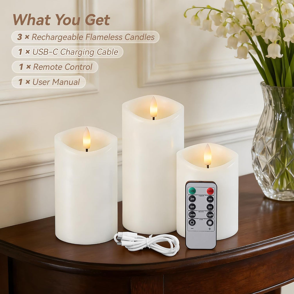 White Real Wax LED Rechargeable Flameless Battery Operated Pillar Candles