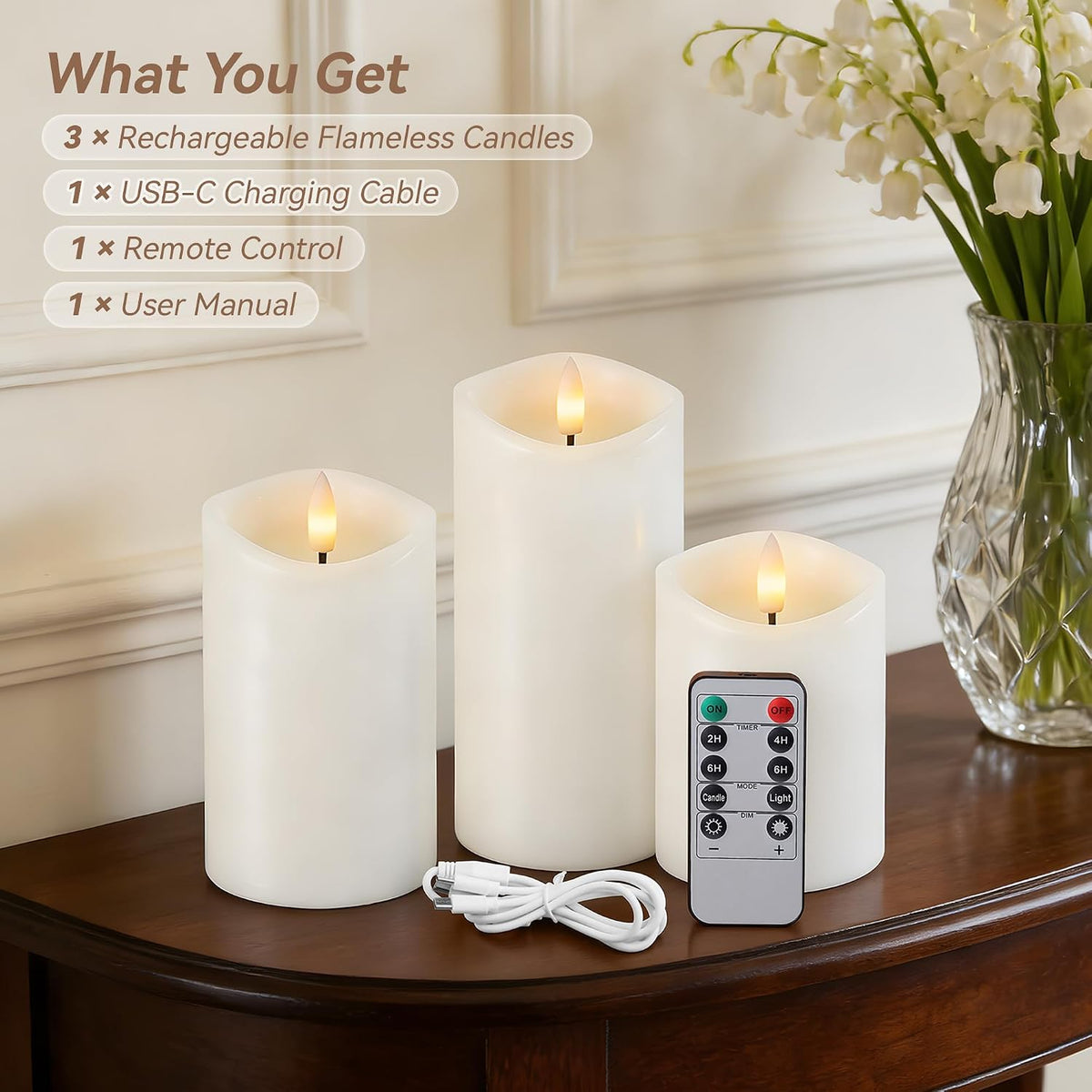 White Real Wax LED Rechargeable Flameless Battery Operated Pillar Candles