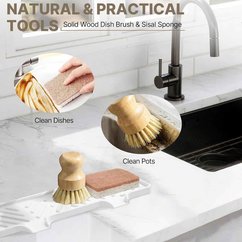Kitchen Soap Dispenser Set with Self Draining Silicone Tray, Silver