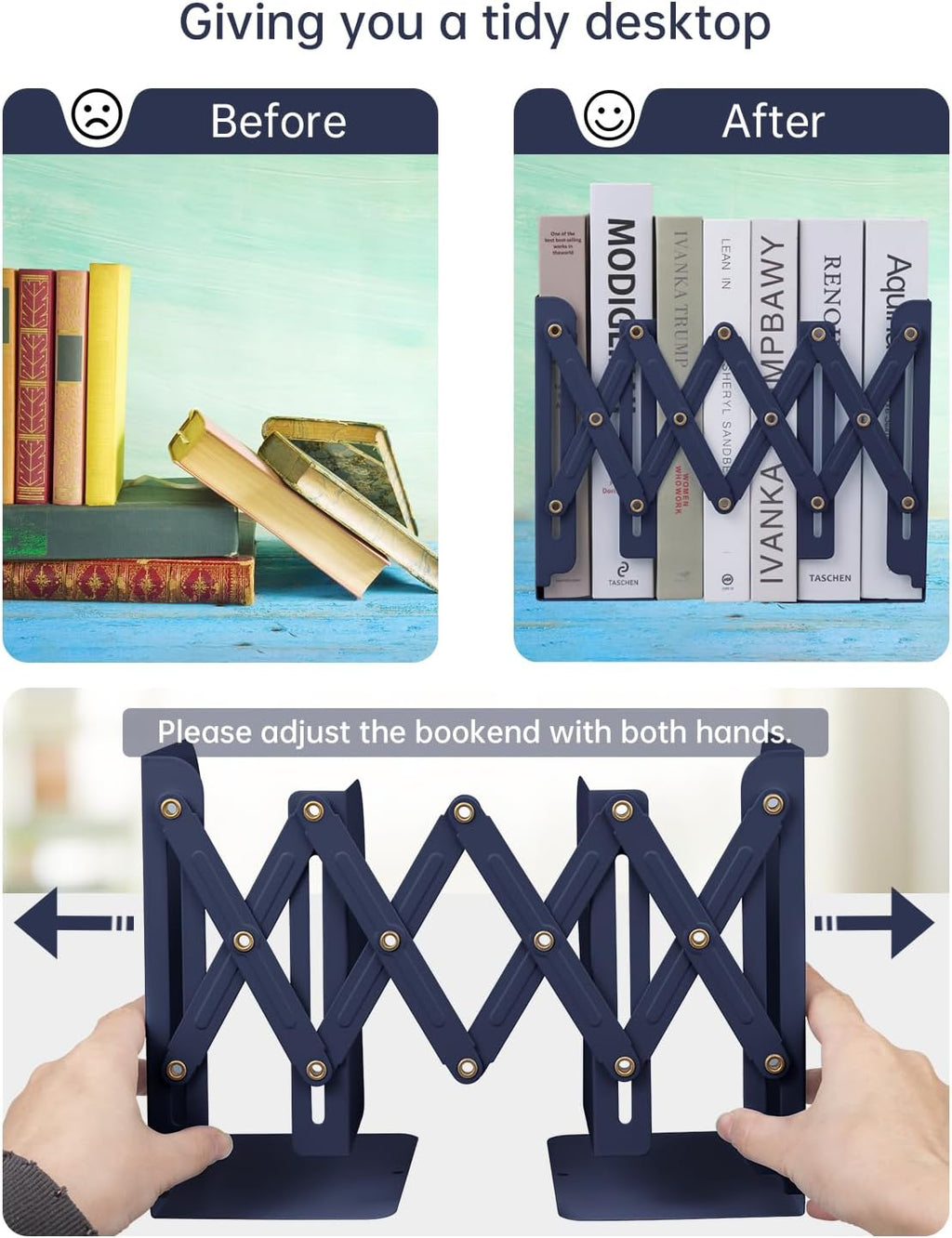 Honagu Adjustable Bookends, Metal Book Ends for Shelves Heavy Book, Desk Magazine File Organizer for Home, Office, Books, Papers, Extends up to 19 inches (Royal Blue)