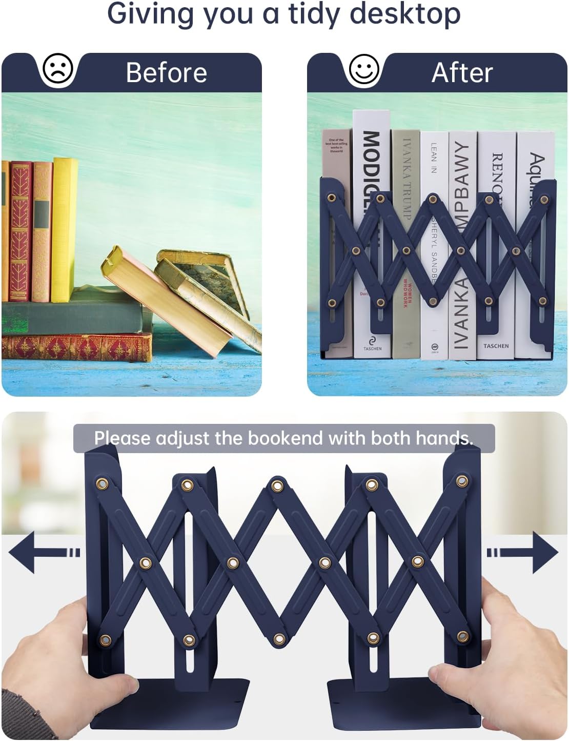Honagu Adjustable Bookends, Metal Book Ends for Shelves Heavy Book, Desk Magazine File Organizer for Home, Office, Books, Papers, Extends up to 19 inches (Royal Blue)