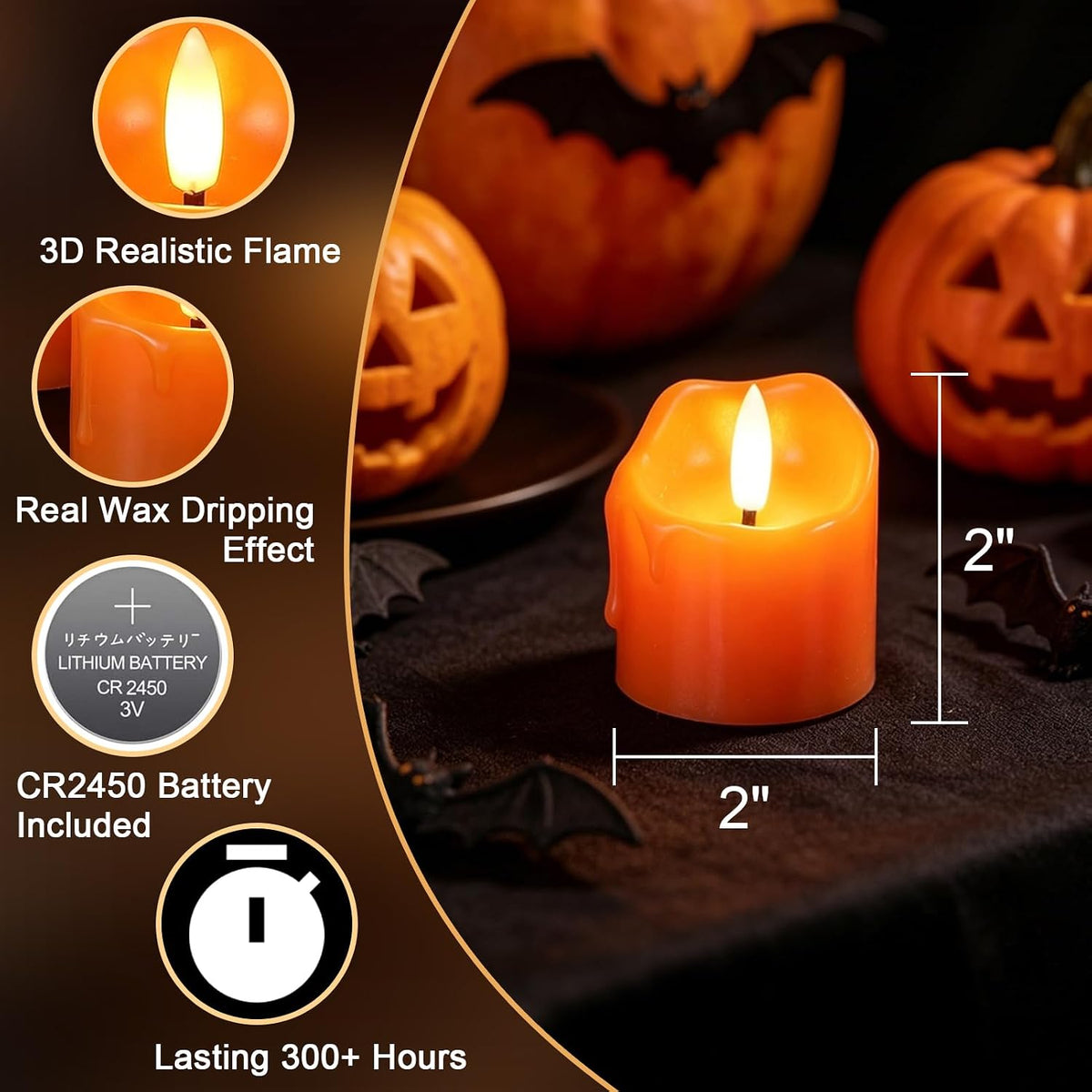 Wondise Halloween Orange Real Wax Votive Candles with Remote Timer