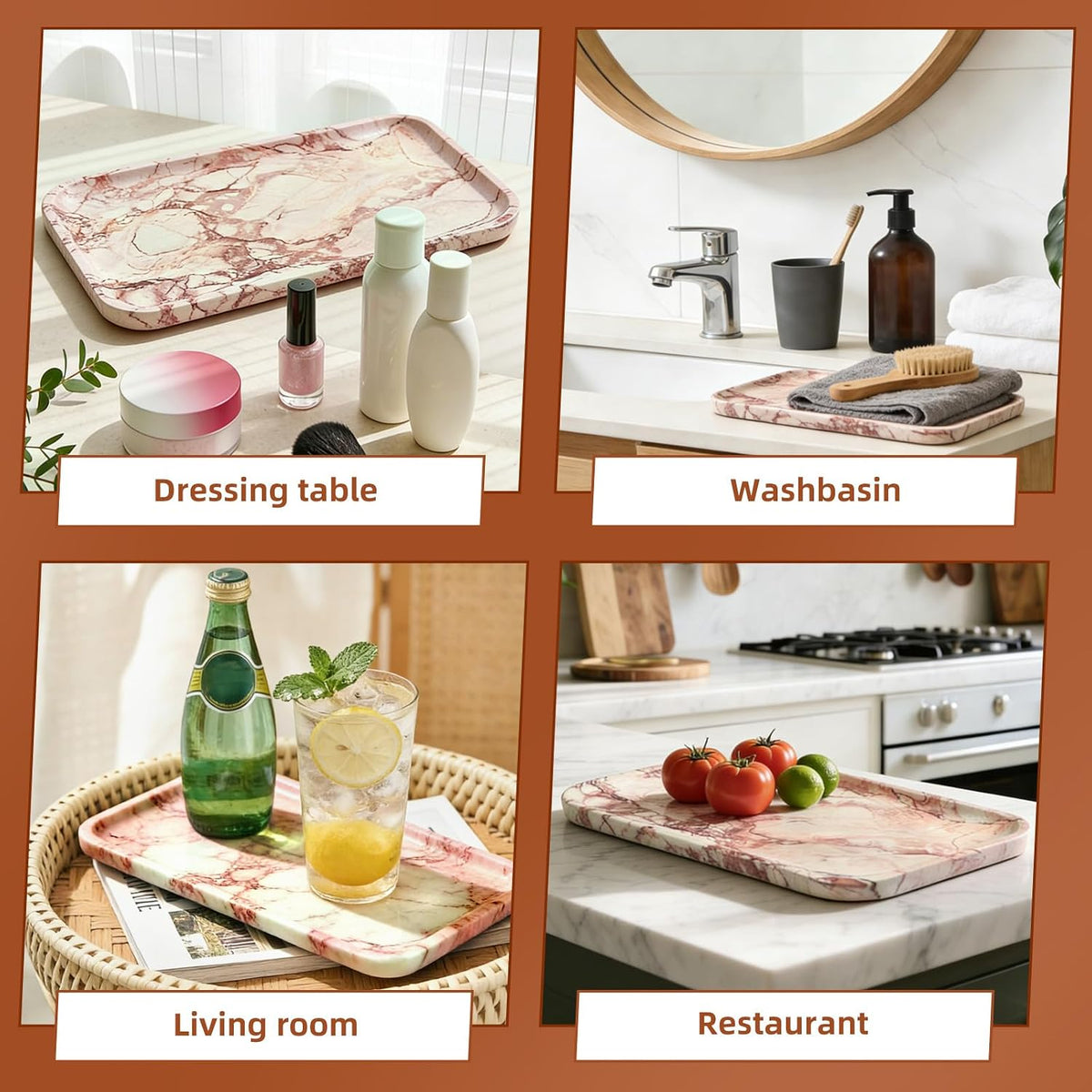Yew & Tulip 14" x 8.5" Natural Marble Tray for Kitchen, Bathroom, Living Room – Serving/Decorative Vanity Tray for Jewelry, Candles, Decor (Pink)