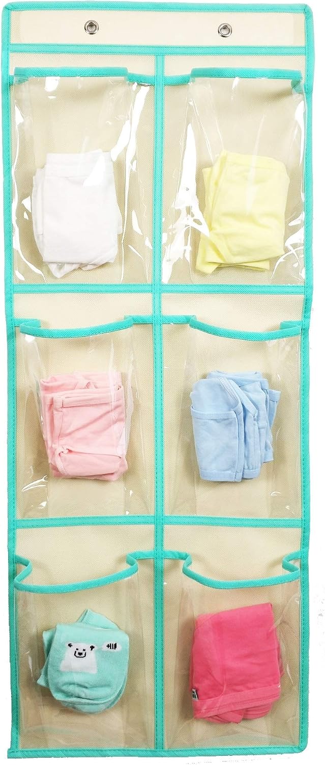 Over The Door Hanging Shoe Organizer Narrow Closet Door Shoe Storage 6 Large Clear Pockets Chart 2 Pack (BEIGE)