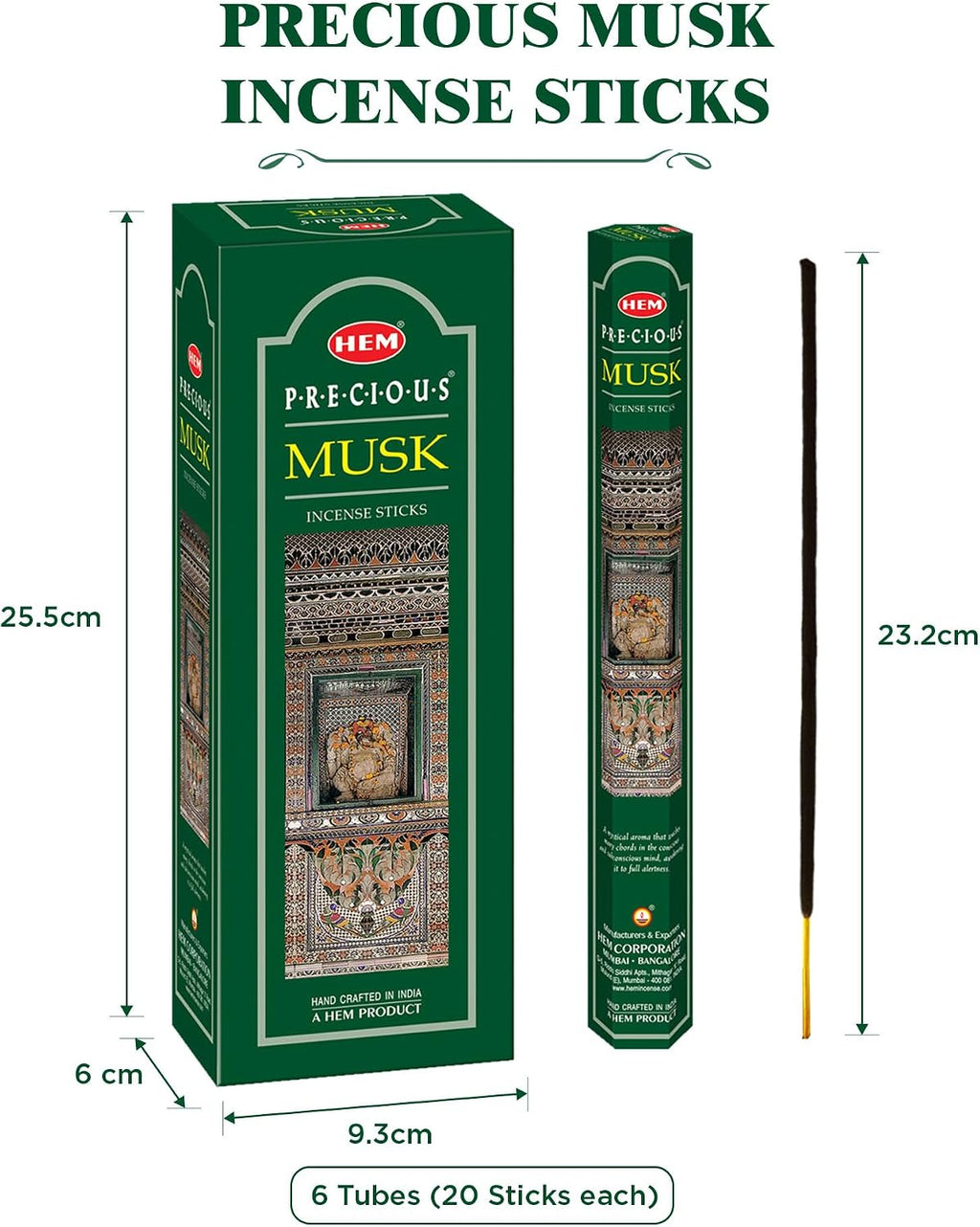 HEM Precious Musk Incense Sticks – (120 Sticks, 6 Boxes Inside) - 9 Inches Long ,Dispel Negativity, Induce Relaxing Sleep, Spiritual Strength, Aromatherapy, And Strengthen Meditation Practices
