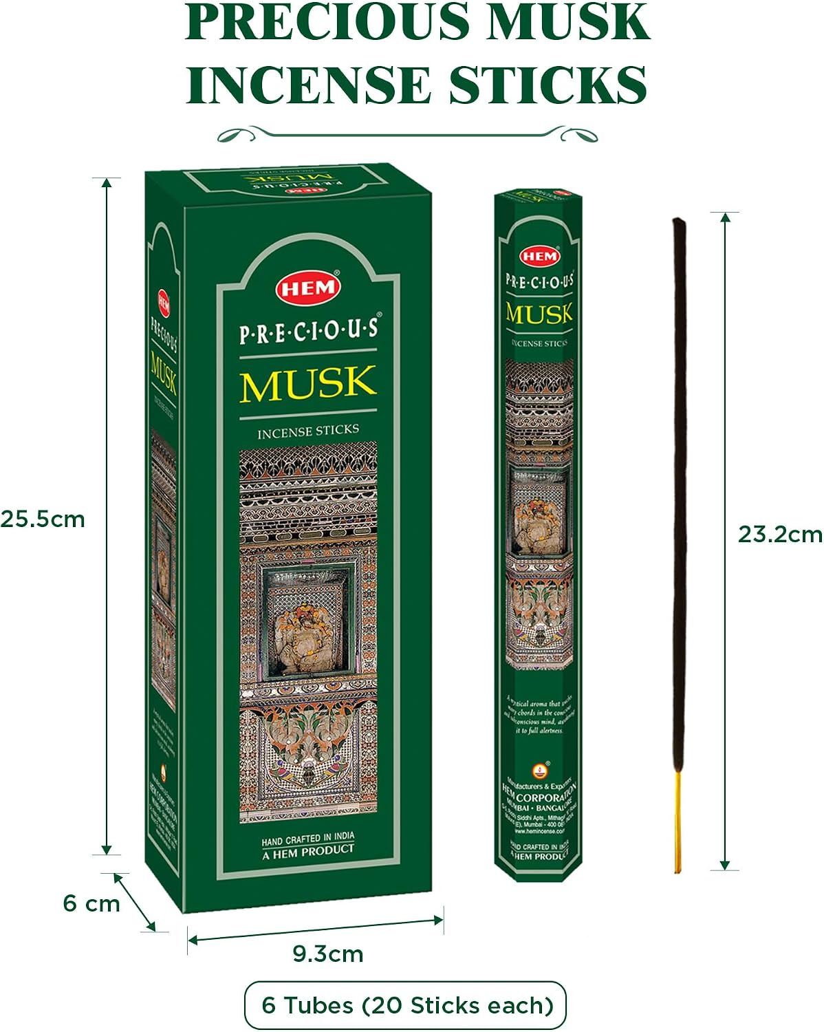 HEM Precious Musk Incense Sticks – (120 Sticks, 6 Boxes Inside) - 9 Inches Long ,Dispel Negativity, Induce Relaxing Sleep, Spiritual Strength, Aromatherapy, And Strengthen Meditation Practices