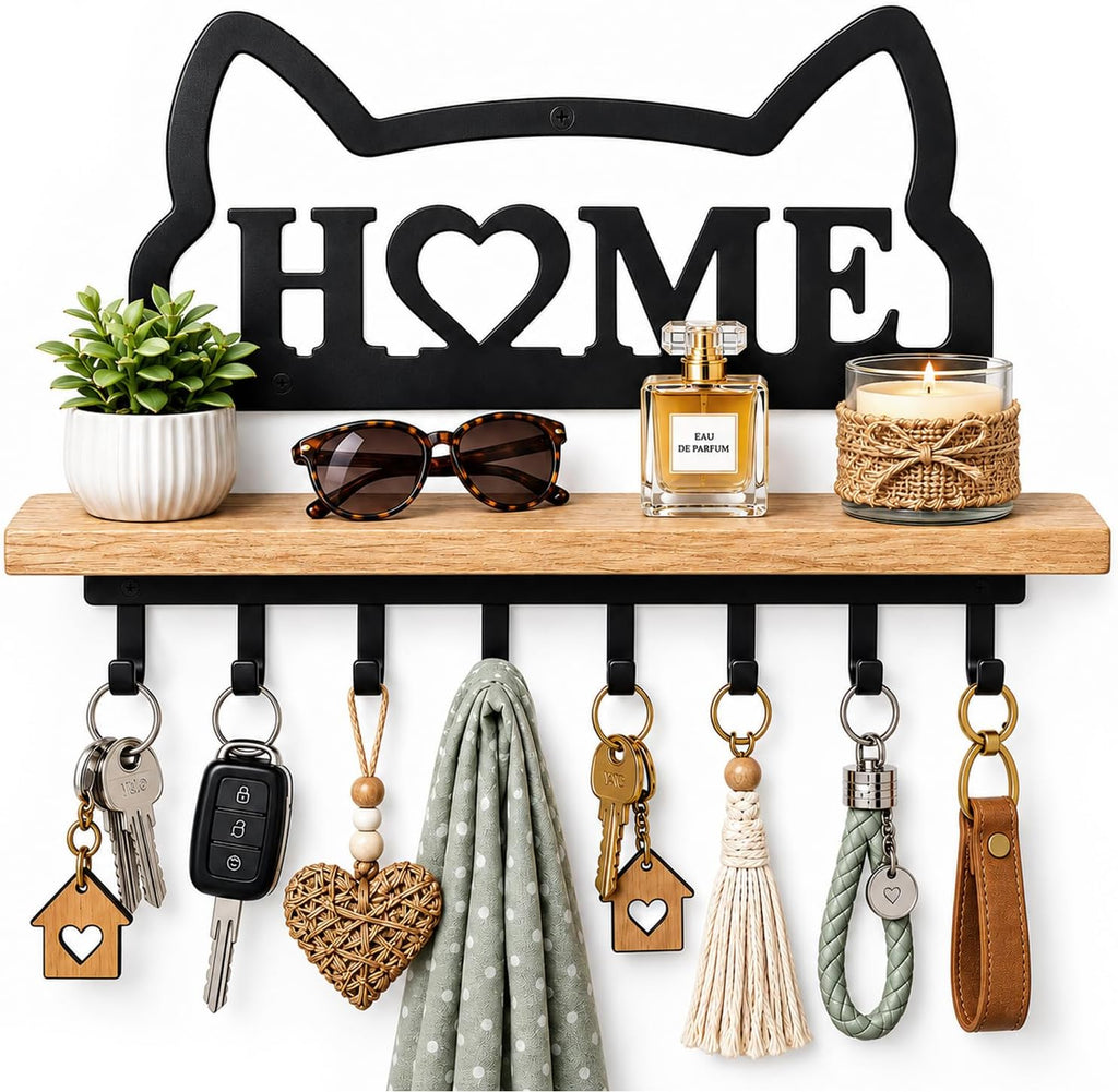Cat Key Holder for Wall. Decorative Floating Wooden Shelf with 8 Metal Hooks, Wall Storage Rack for Entryway Hallway, Gift for Cat Lovers
