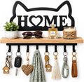 Cat Key Holder for Wall. Decorative Floating Wooden Shelf with 8 Metal Hooks, Wall Storage Rack for Entryway Hallway, Gift for Cat Lovers