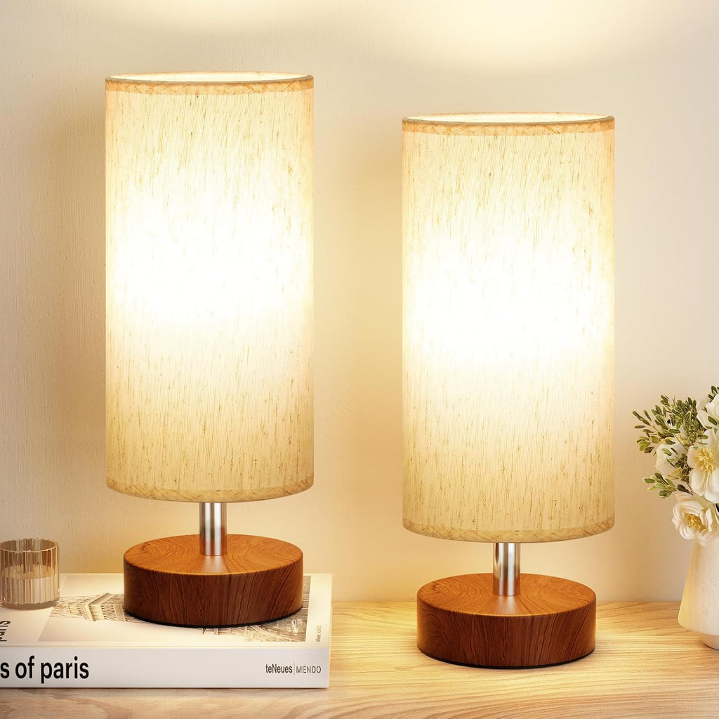 Table Lamps Set of 2 （Cream Shade - Walnut Base, 11.6" Inline Control）