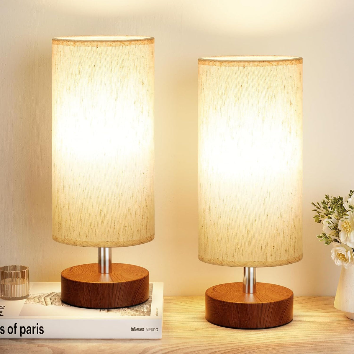 Table Lamps Set of 2 （Cream Shade - Walnut Base, 11.6" Inline Control）