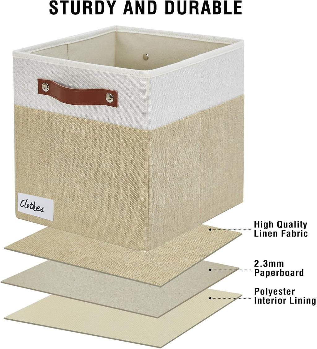 Bagnizer Collapsible Fabric Storage Cube Bins with 2 Reinforced PU Handles, Foldable Storage Organizer Baskets for Closet, Shelves, Living Room | 11"x11"x11", 4 Pack, Beige & White