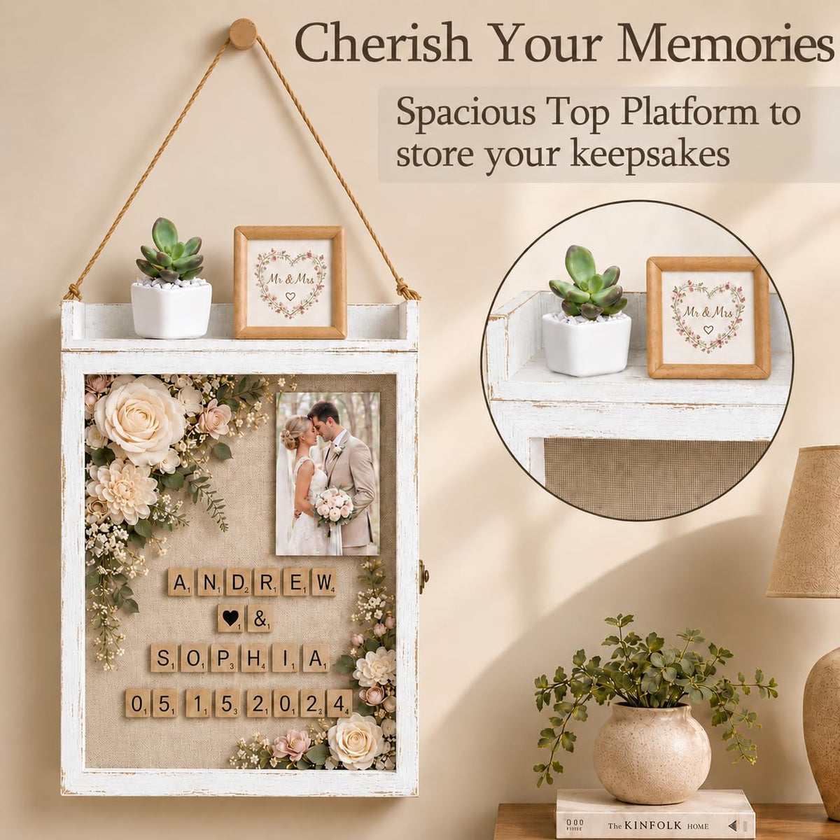 11x16 Shadow Box Frame with Shelves, Wedding Display Case, White