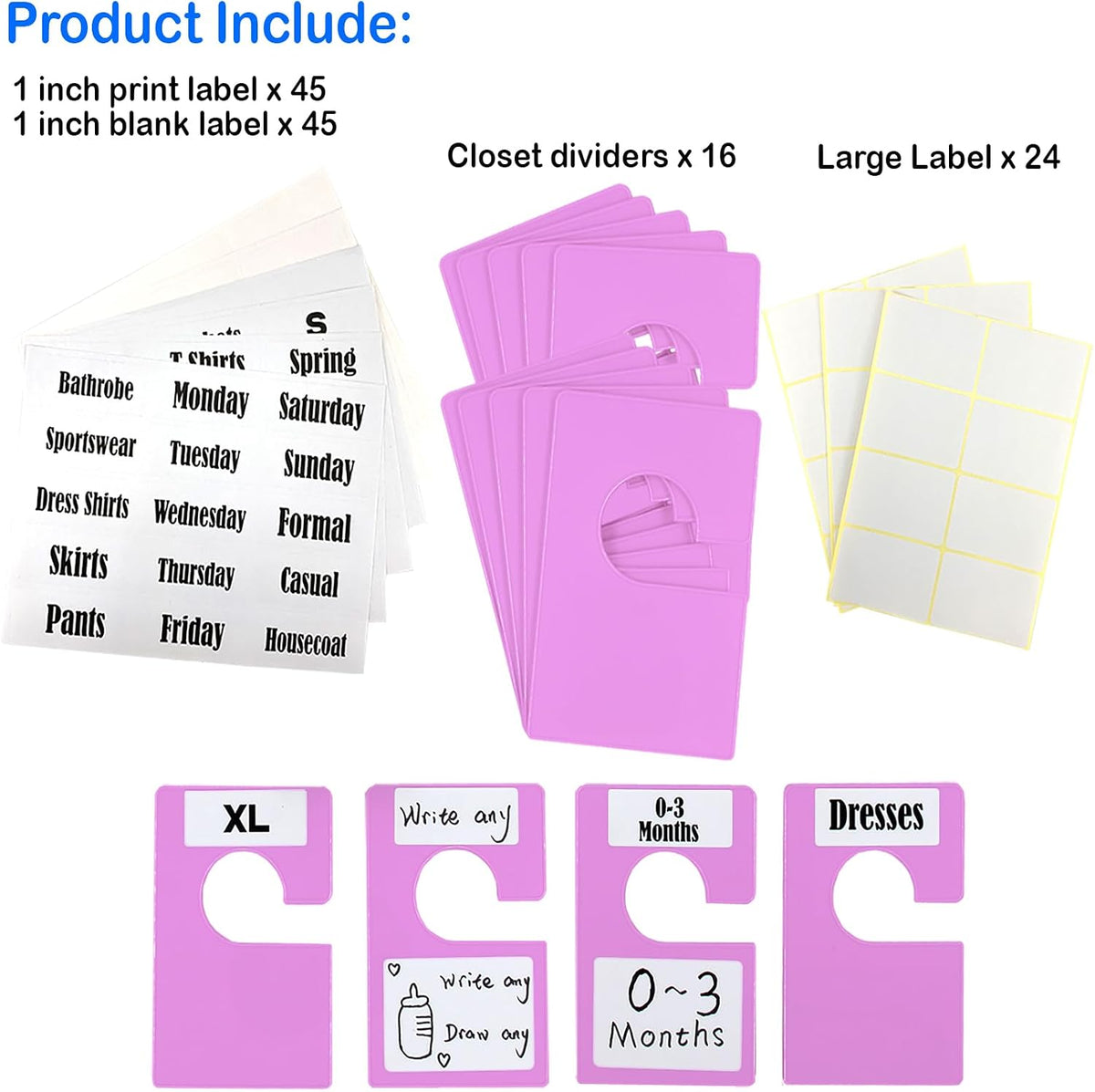 16 Pack White Clothing Rack Size Dividers Plus 45 Labels (1 Inch) and 18 Large Blank Labels, Large Rectangular Clothing Closet Dividers (Purple)