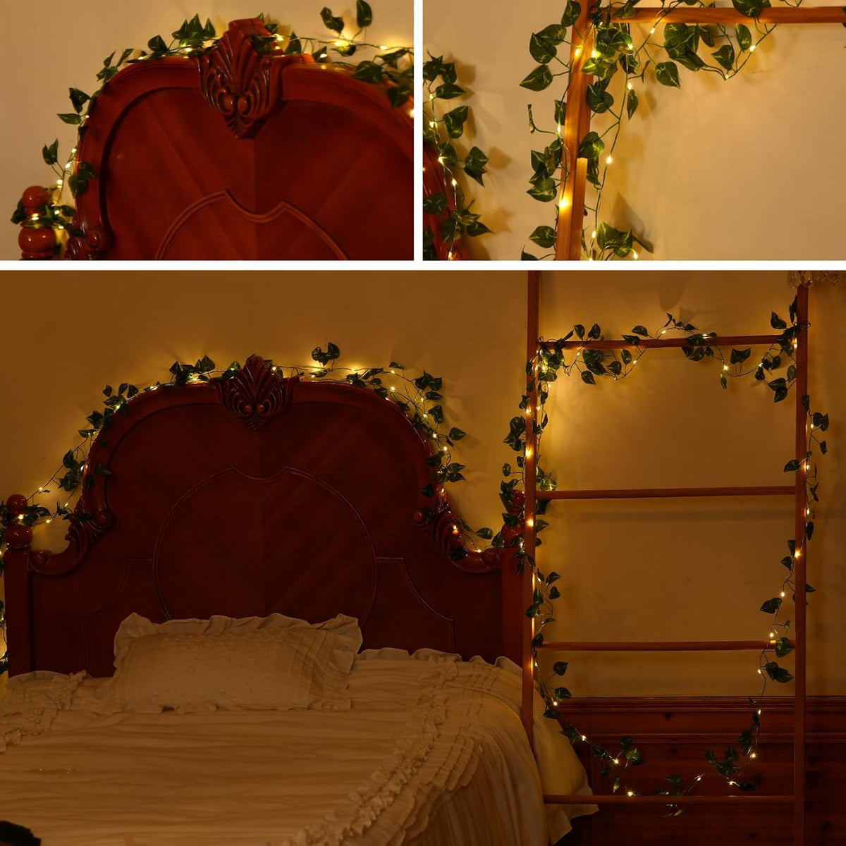 2 Pack Vines with Fairy Lights 40ft 120 LED Pothos String Lights USB Plugin & Battery Operated Leaf Lights with Timer 8 Modes Remote Decorative Light for Bedroom Wedding Party - Warm White