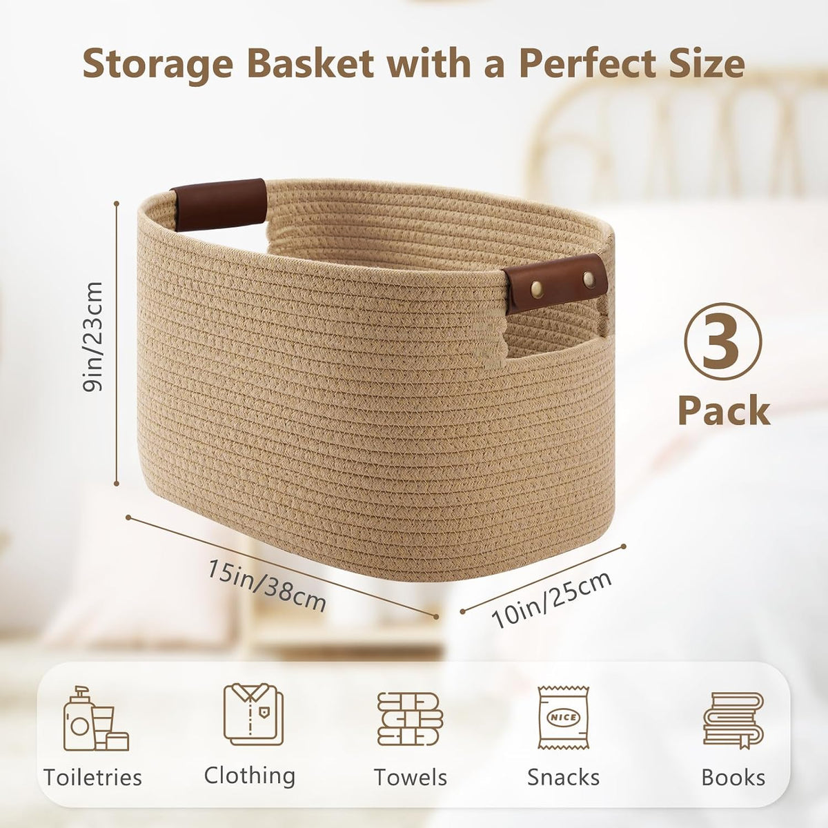 ECDYQXVU 15x10x9 Woven Cotton Rope Storage Basket, Leather Handles 3 Pack