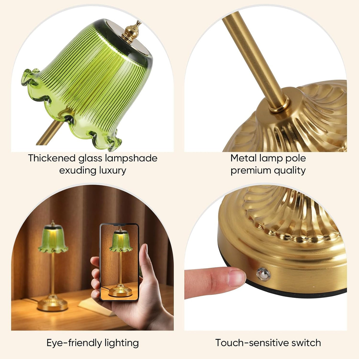 Cordless Glass Table Lamp,6500mAh Portable Rechargeable Lamps,3 Color Modes & Stepless Dimmable,Gold Battery Operated Small Touch Lamp for Bedside,Kitchen,Living Room,Restaurant Outdoor