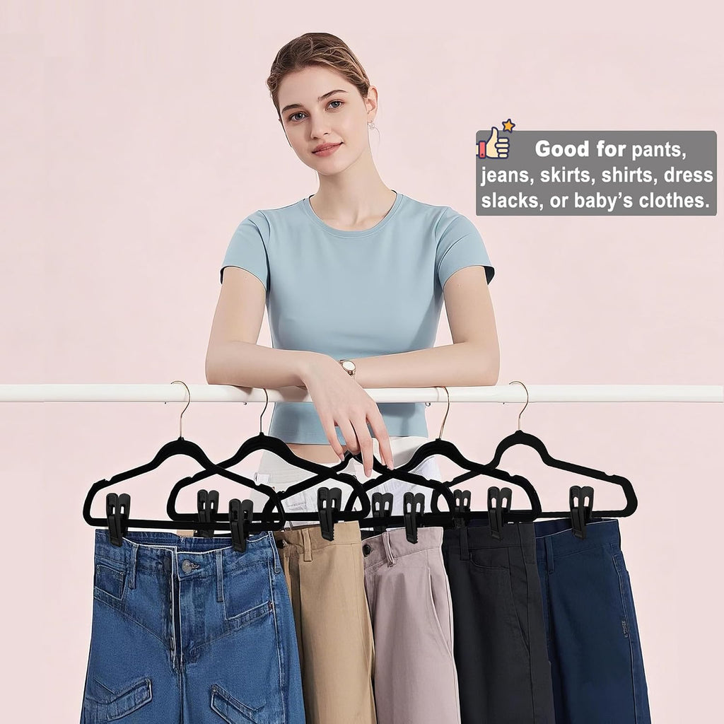 TOFIIGREM Hanger Clips Perfect for Velvet Hangers (Black, 40 PCS), Non-Slip Plastic Clips Pant Skirt Hanger Clips for Black Flocking Hangers