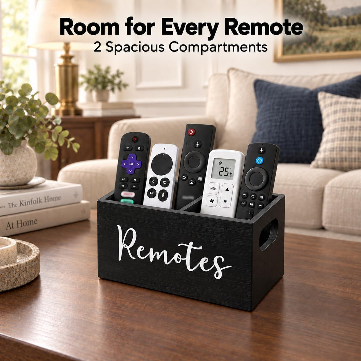 Wooden Remote Control Holder 2 Slots - Farmhouse TV Remote Caddy for Table, Nightstand, Couch - Solid Wood Organizer Box, Black