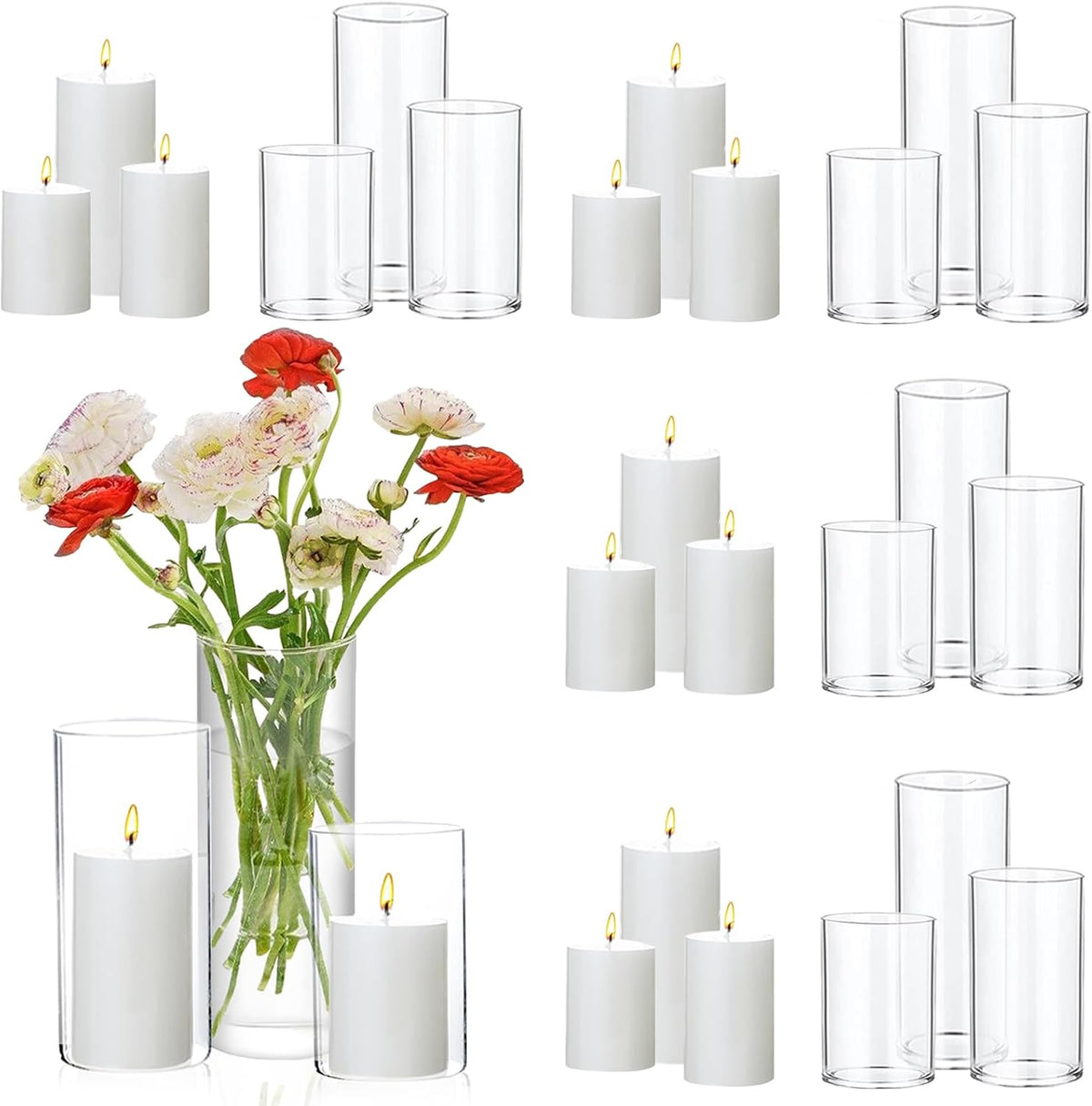 UDU 24 Pcs White Pillar Candles and Glass Cylinder Vases, Hurricane Pillar Candle Holder Vases for Wedding Centerpieces Table Party Home Decor(3.2" X 4.7", 6", 8")