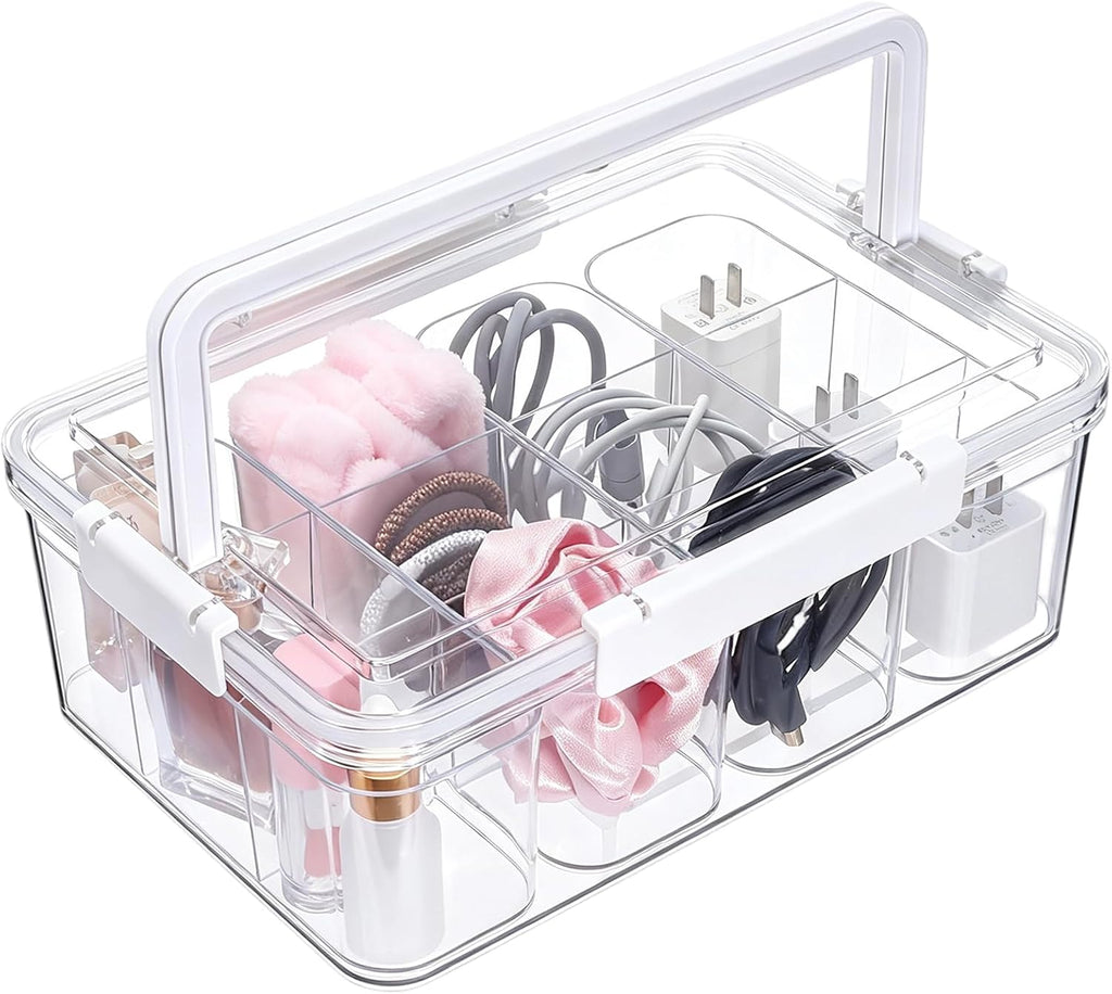 Large Cable Storage Box with Lid Clear Power Cords Organizer 4 Adjustable Dividers Case Desktop Cable Management Box for Home Office Phone Charger Art Crafts Stationery (White)