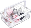 Large Cable Storage Box with Lid Clear Power Cords Organizer 4 Adjustable Dividers Case Desktop Cable Management Box for Home Office Phone Charger Art Crafts Stationery (White)