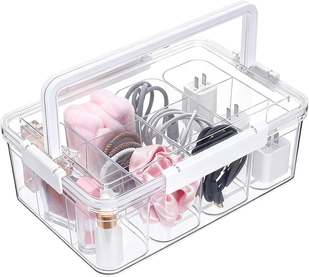 Large Cable Storage Box with Lid Clear Power Cords Organizer 4 Adjustable Dividers Case Desktop Cable Management Box for Home Office Phone Charger Art Crafts Stationery (White)