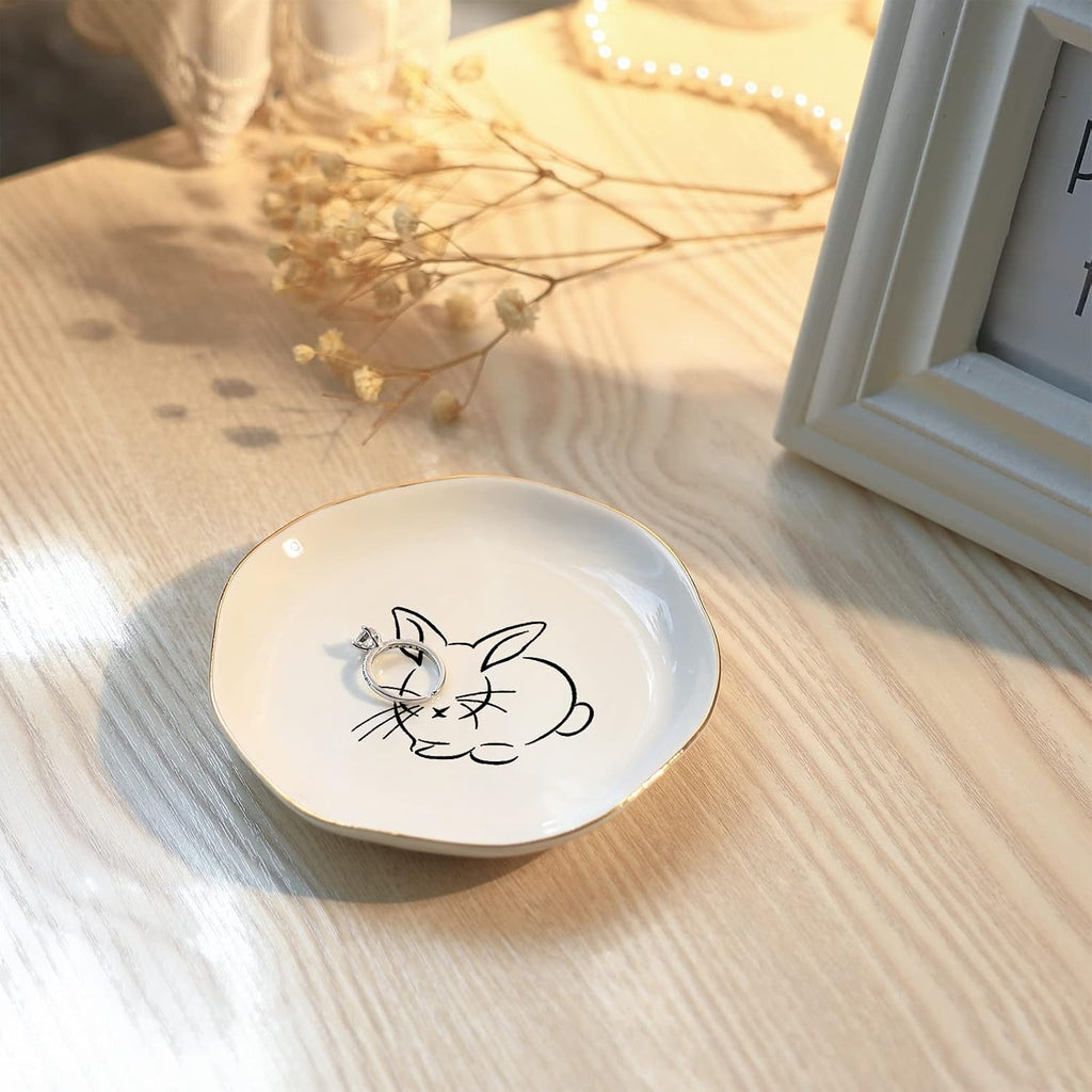 HOME SMILE Bunny Ring Dish,Rabbit Jewelry Tray,Easter Gifts for Women,Ceramic White,4"