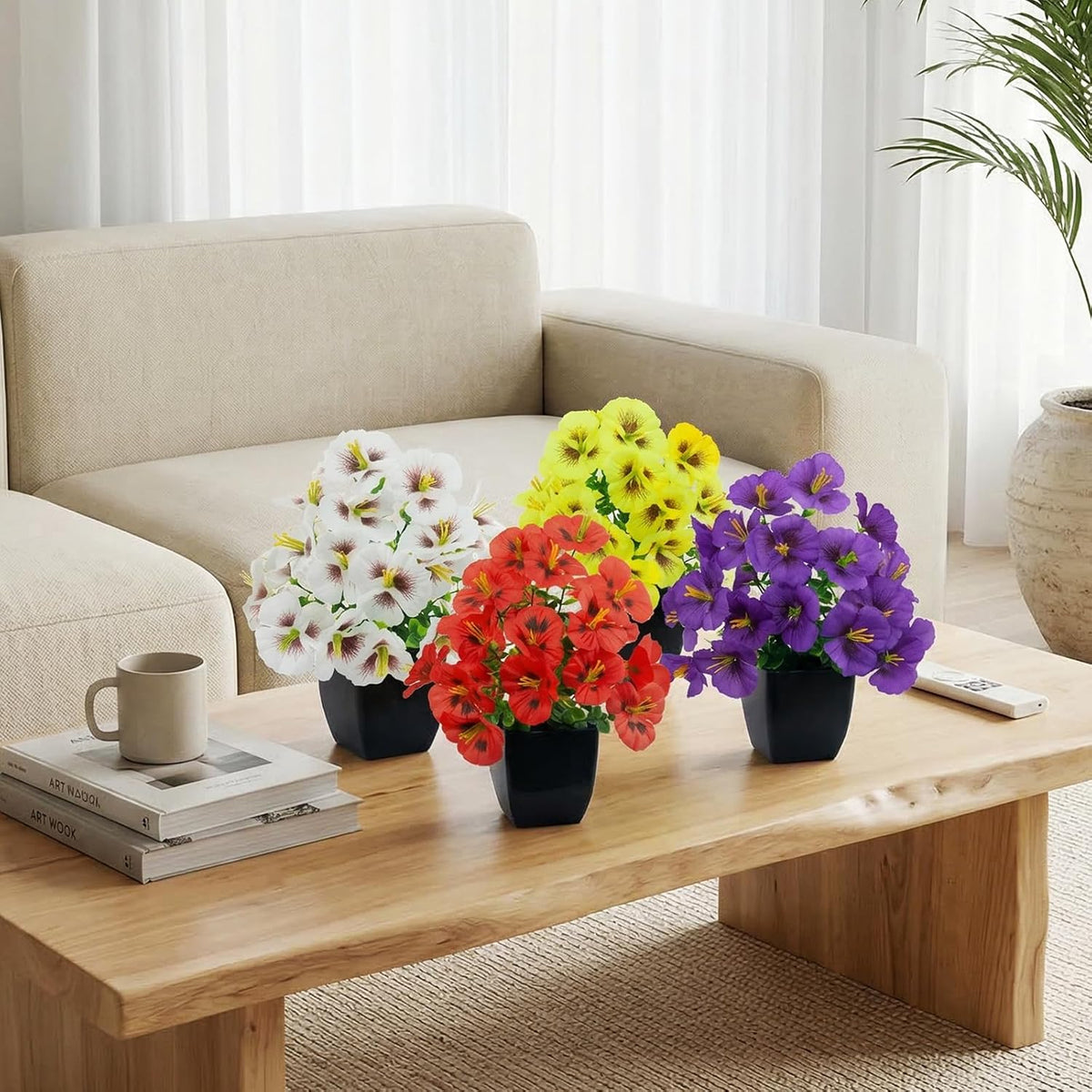 LOYWREE 4 Pack Small Faux Plants Spring Artificial Pansy Flowers Fake Plants Indoor Bathroom Accessories for Home Room Office Desk Decor(Black Square Pot)