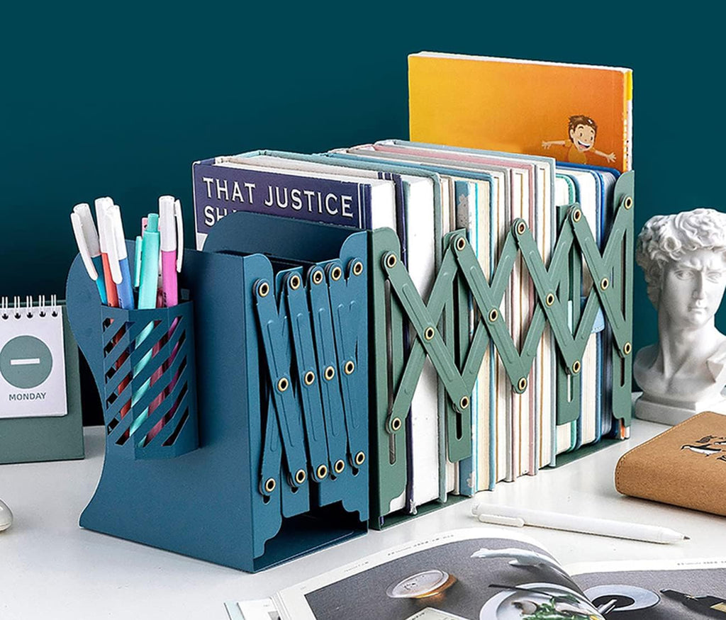 Kingsmile Book Ends, Adjustable Heavy Duty Metal Book Stoppers with Pen Holder for Desk Office Library Kids Room(Green)
