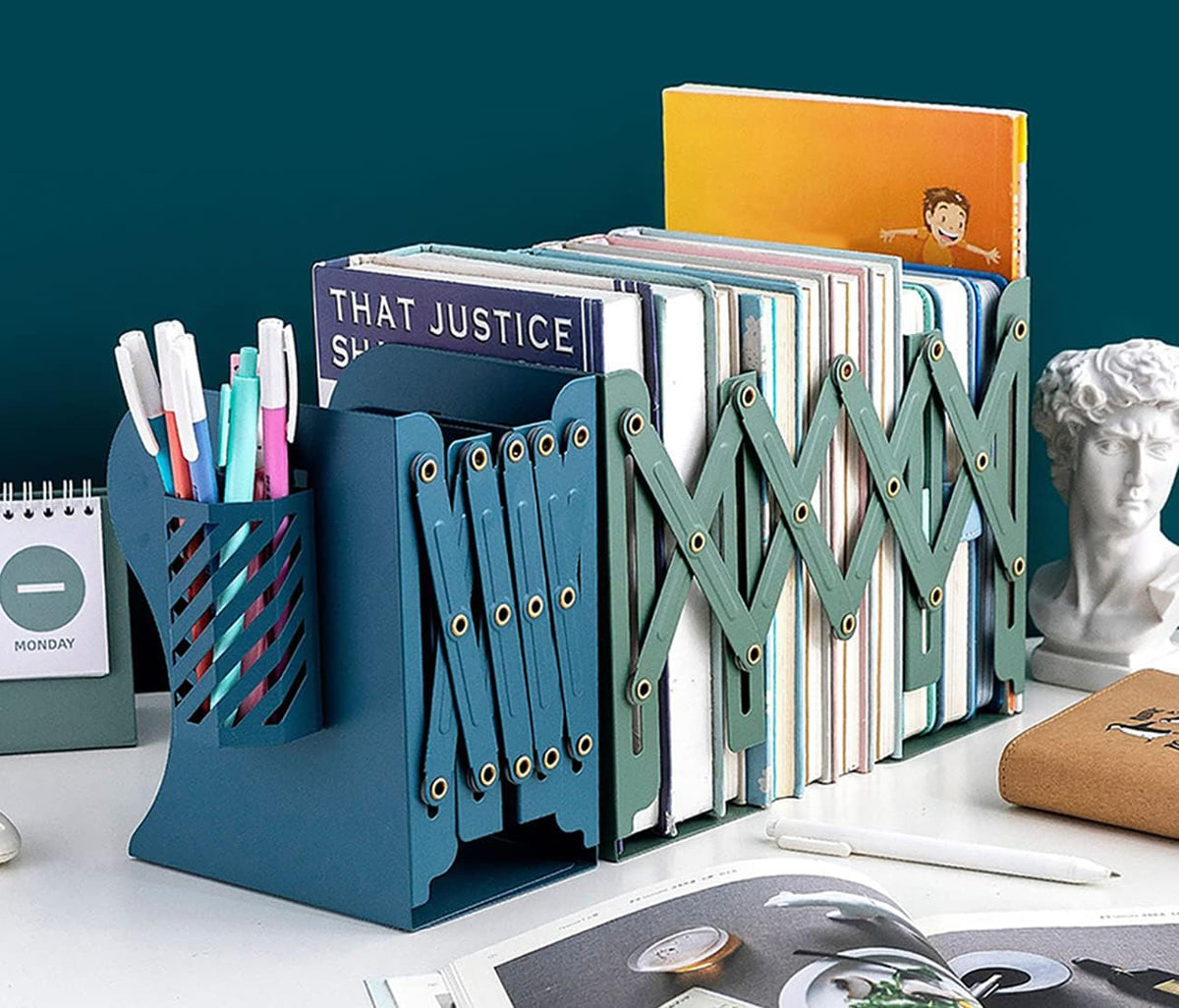 Kingsmile Book Ends, Adjustable Heavy Duty Metal Book Stoppers with Pen Holder for Desk Office Library Kids Room(Green)