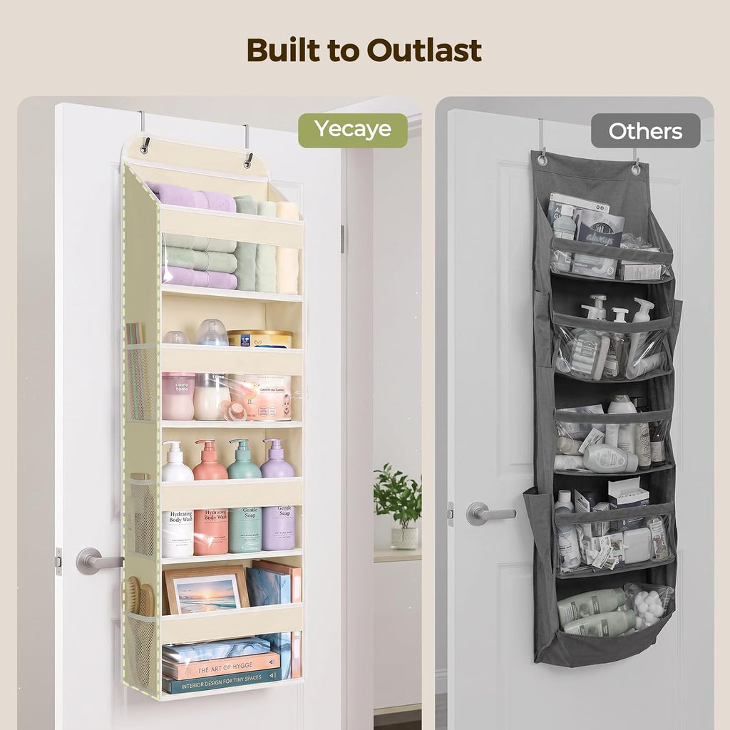 LAMU Over the Door Organizer, Large Capacity Behind the Door Storage with Clear PVC Windows, Back to School Supplies, Stuffed Animal Storage for Dorm Closet Nursery Bathroom Pantry, 4 Tier Cream White