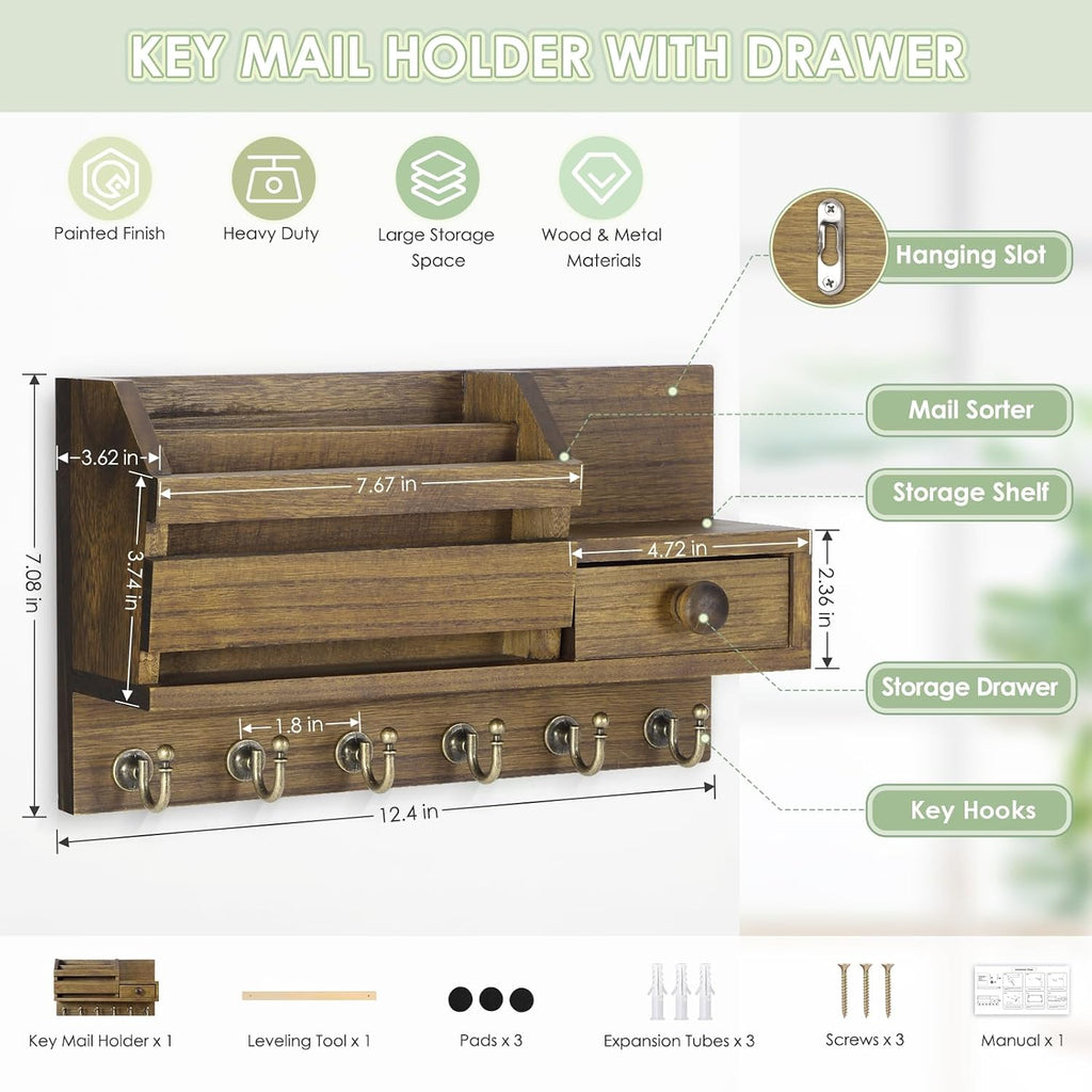 VIS'V Key Holder Wall Mount, Wooden Mail and Key Organizer, Brown