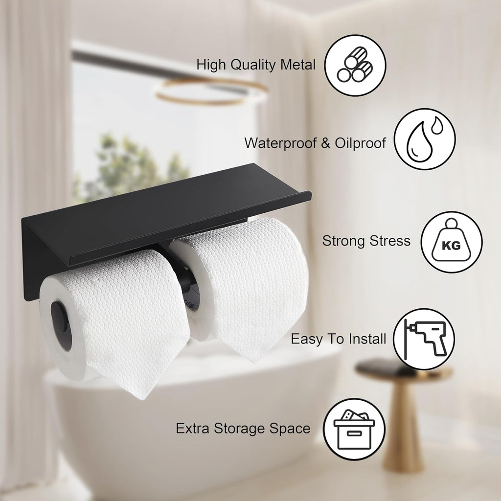 Self Adhesive Aluminum Waterproof Toilet Paper Holder with Shelf Black