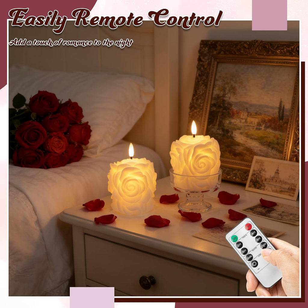 JOIONE Valentines Day White Rose Flameless LED Candles with Remote, 2 Pack