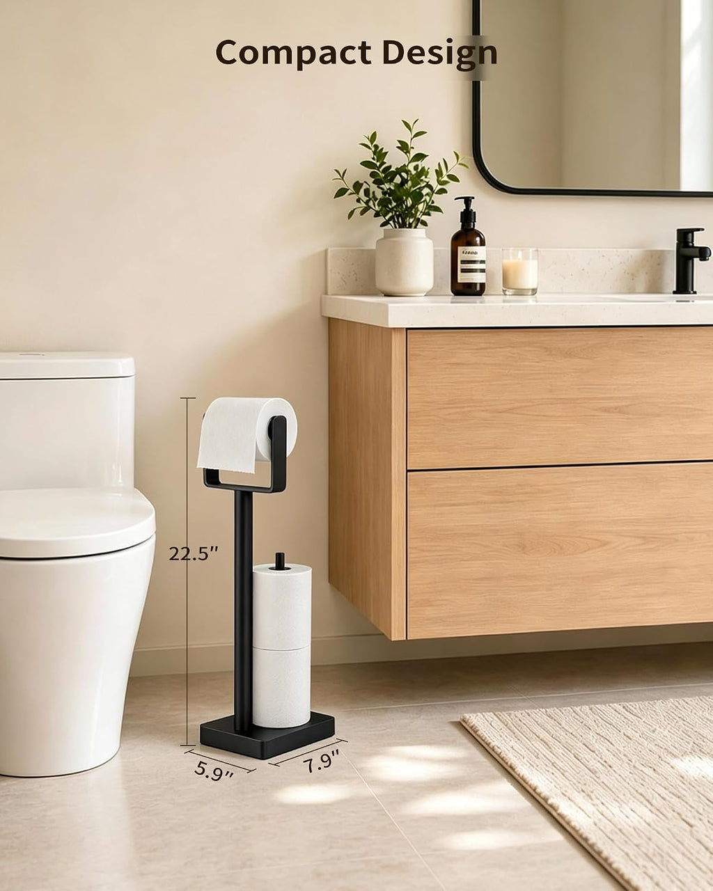 YUMORE Toilet Paper Holder Stand with Storage & Weighted Base, Matte Black