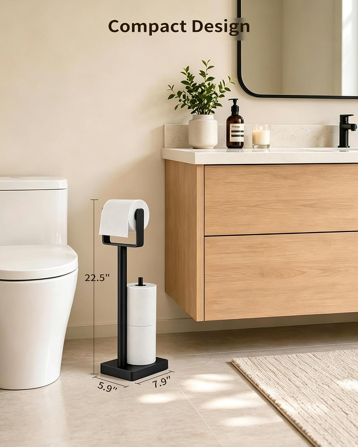 YUMORE Toilet Paper Holder Stand with Storage & Weighted Base, Matte Black