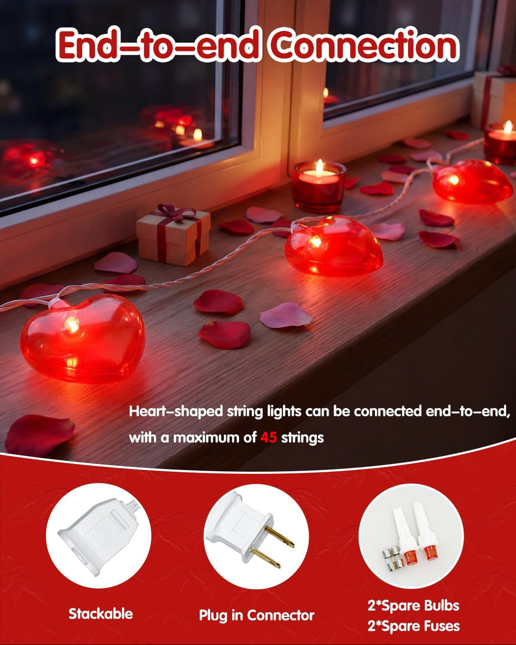 SUNSGNE 8.5Ft Red Heart String Lights, Valentines Lights with 10 LED Red Heart Bulbs for Valentine Mother's Day Wedding Anniversary Party Christmas Decor