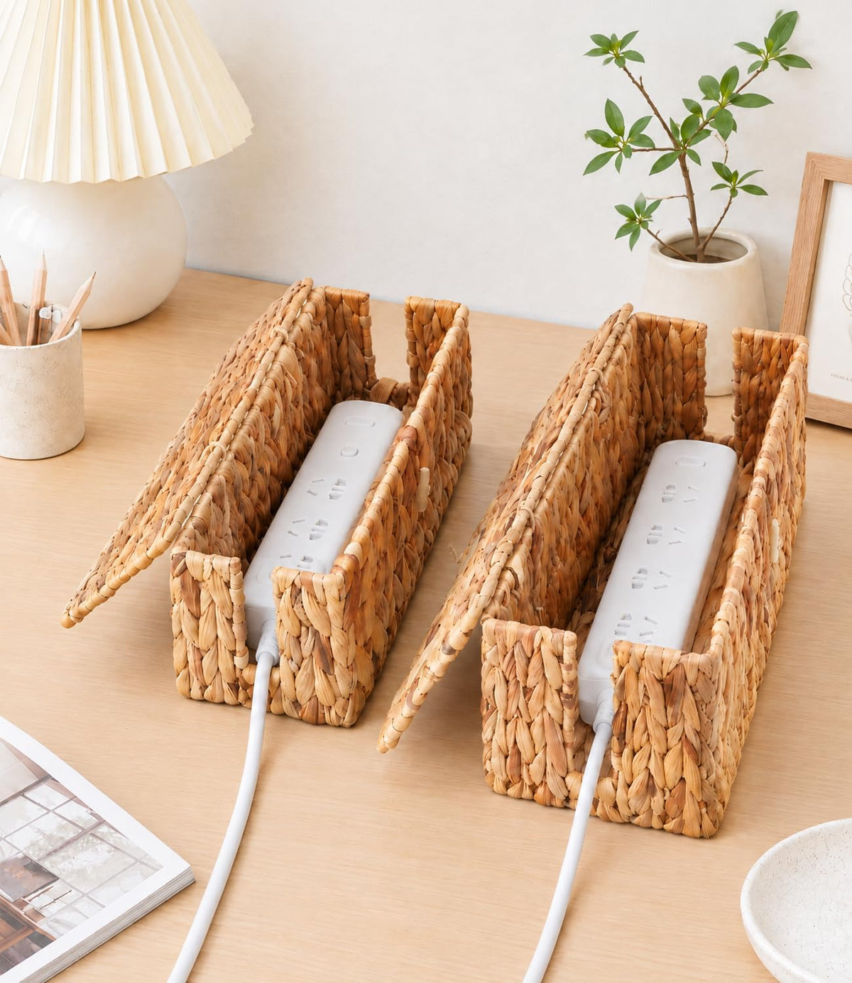 2 Pack Water Hyacinth Cable Management Box with Lid, Cord Organizer Box