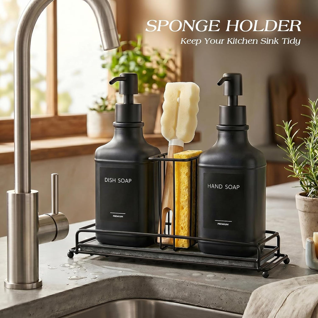Kitchen Soap Dispenser Set, Hand and Dish Soap Dispenser Set with Sponge Holder, Dish Soap Dispenser with Instant Dry Tray for Kitchen, 17 fl oz Black Glass Soap Dispenser with Pump