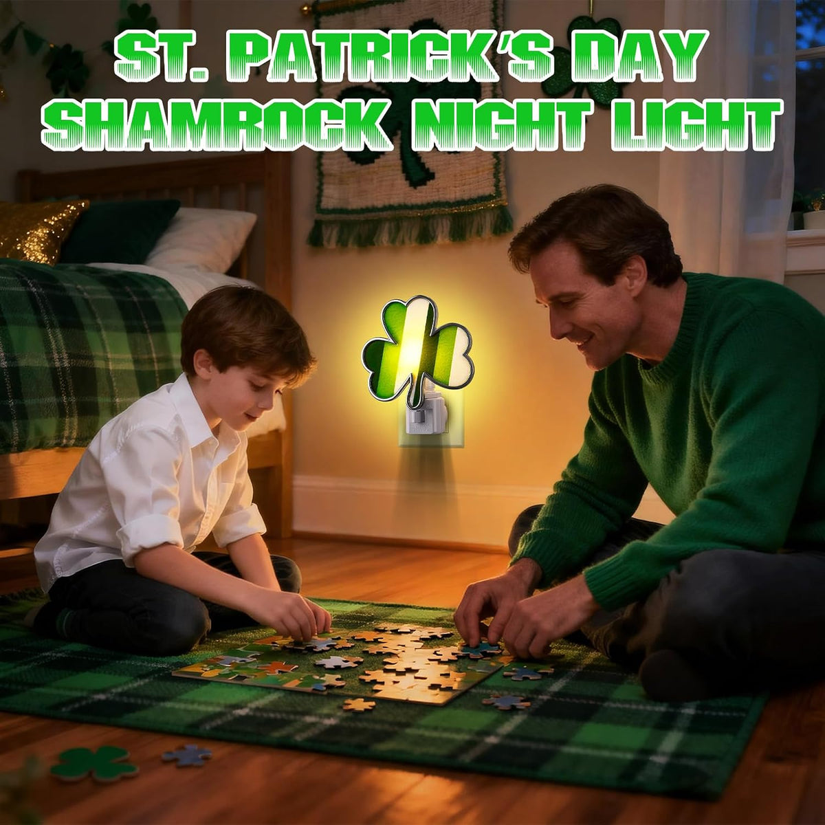 Hohean St. Patrick's Day Shamrock Night Light–UL Certification Plug in Irish Decor Lamp with C7 LED, Flocking & Acrylic, 360° Rotating Plug for Bedroom, Bathroom & Hallway–Green Holiday Lighting Gift
