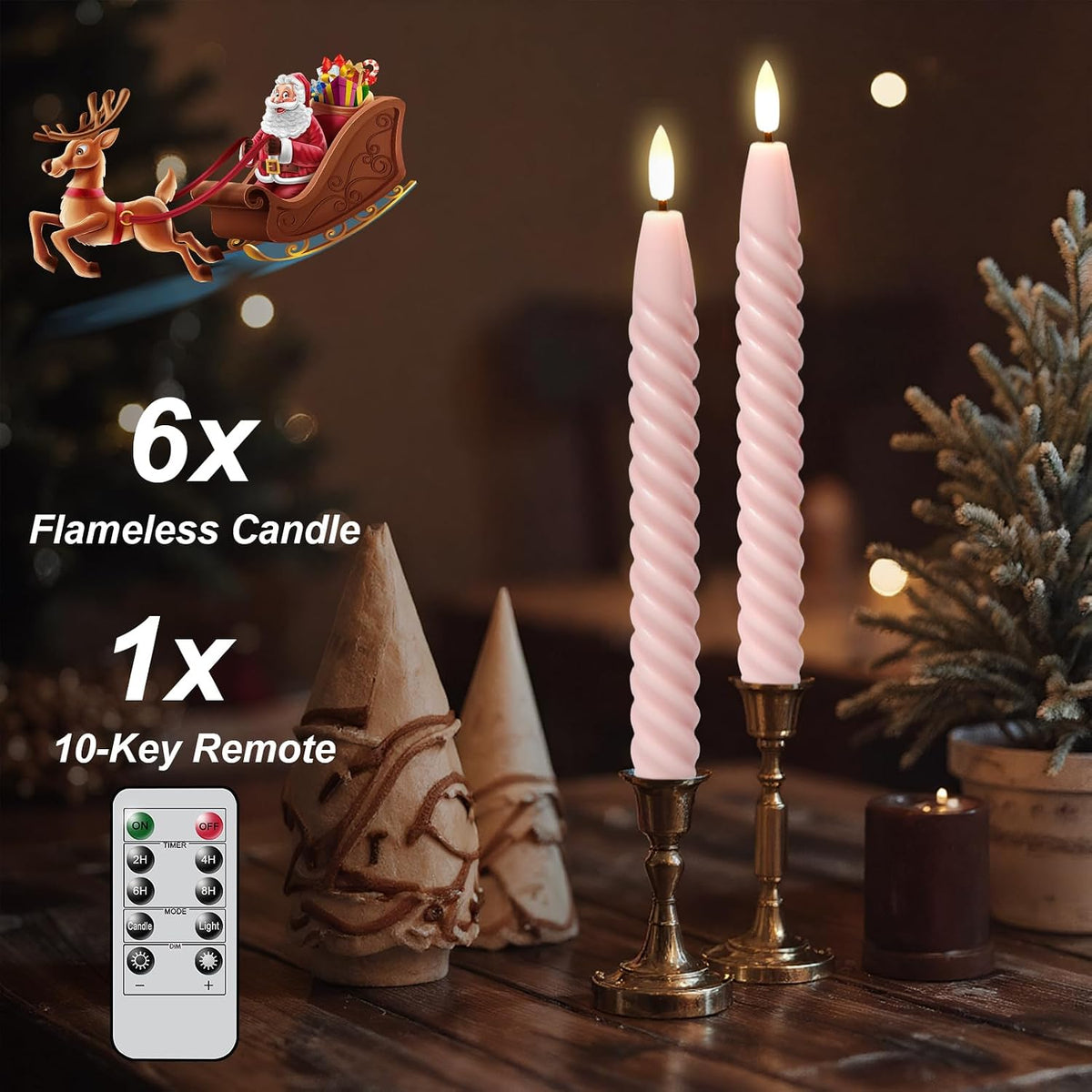 Pink Flameless Taper Candles Flickering with Remote Timer