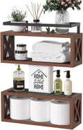 RICHER HOUSE Floating Wood Shelves with Guardrail, Rustic Brown, Wall Mounted, 2 Shelves, Farmhouse Style